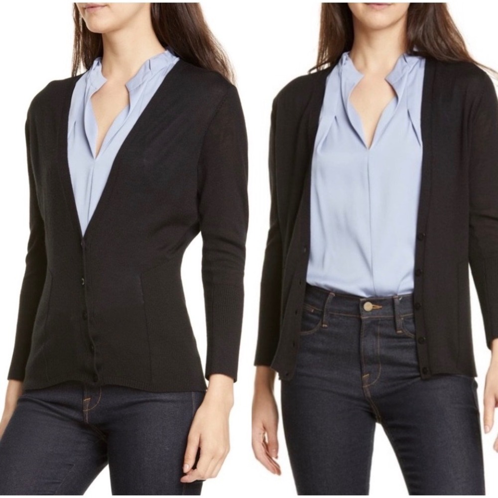 Merino Wool Silk Lewit Black V Neck Button Up Cardigan Sweater Women's Size S‎